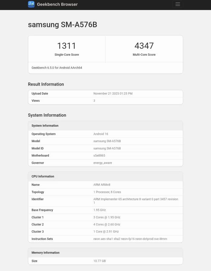 Samsung Galaxy A57 Geekbench Bocor, Exynos 1680 Tampil Lebih Bertenaga