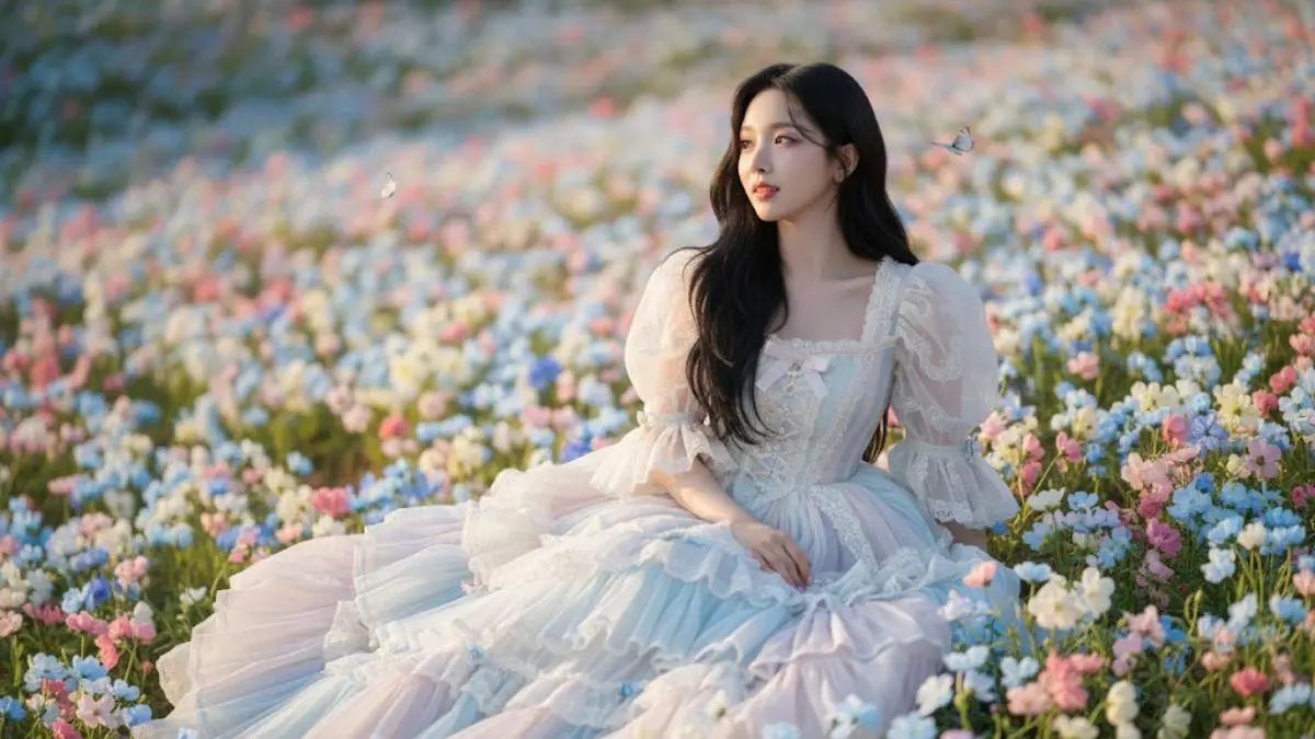 Cara Edit Foto Estetik Duduk di Bukit Landai dengan Gaun Boneka Cantik Pakai Prompt AI